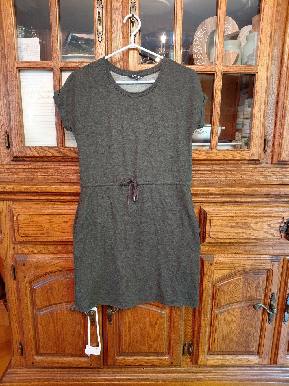 Gray T-Shirt Dress With Drawstring And Pockets